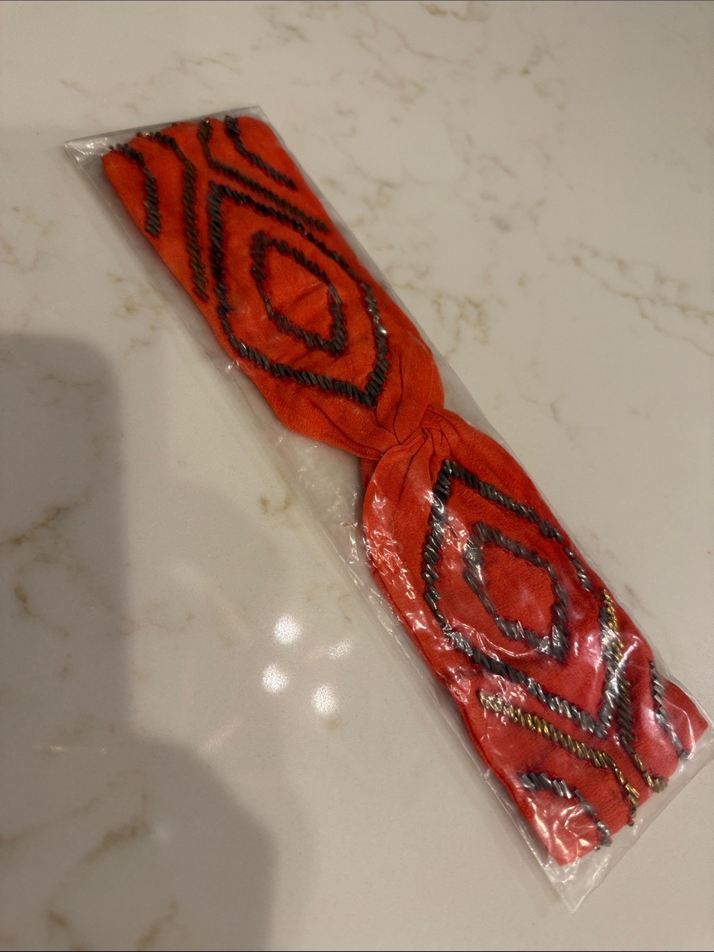 Embellished Orange Knotted Fabric Headband